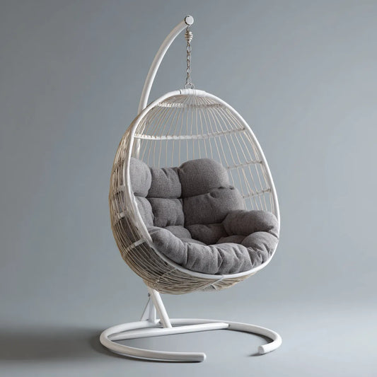 Hamak lub fotel wiszący, Jajko na stopach białej i szarej stali i syntetyczny rattan 105 x 105 x 195 cm